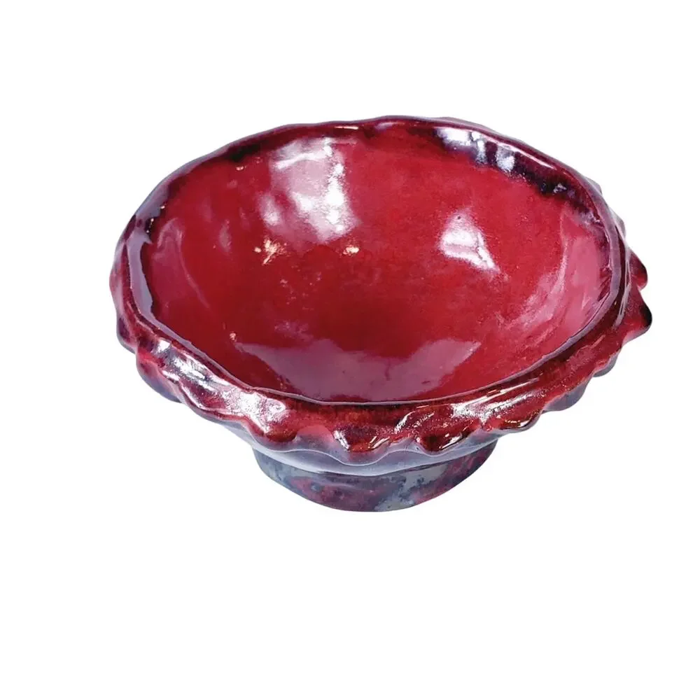 Studio Pottery Trinket Bowl Red Gunmetal Glaze Notched Rim Decor